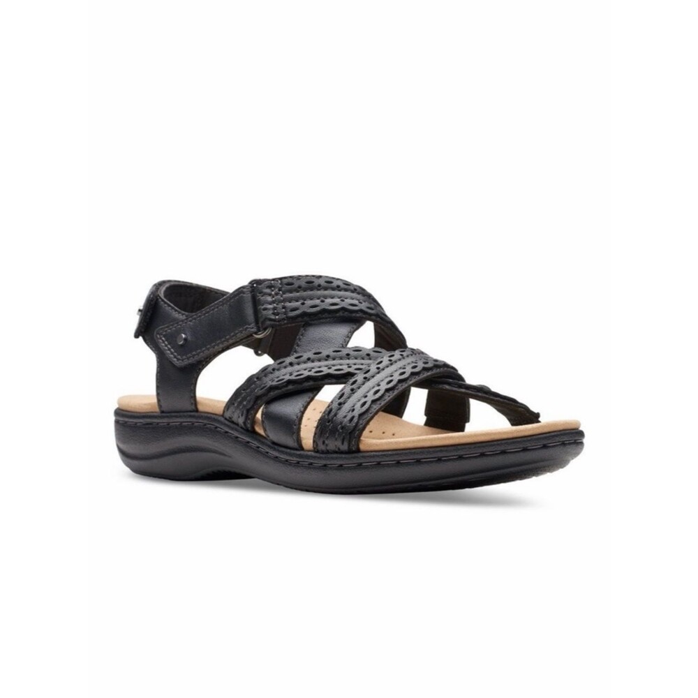 Clarks Laurieann Rena Leather Strappy Sandals Hook Loop Comfort Black 10 NEW